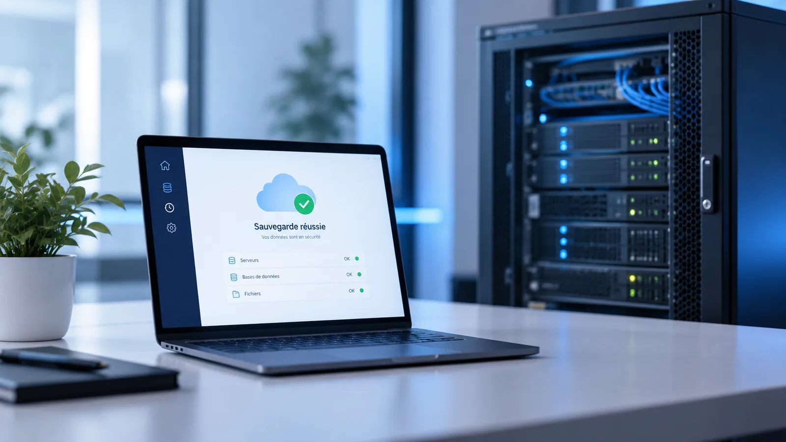 Sauvegarde cloud confirmée sur un ordinateur portable, baie de serveurs en arrière-plan